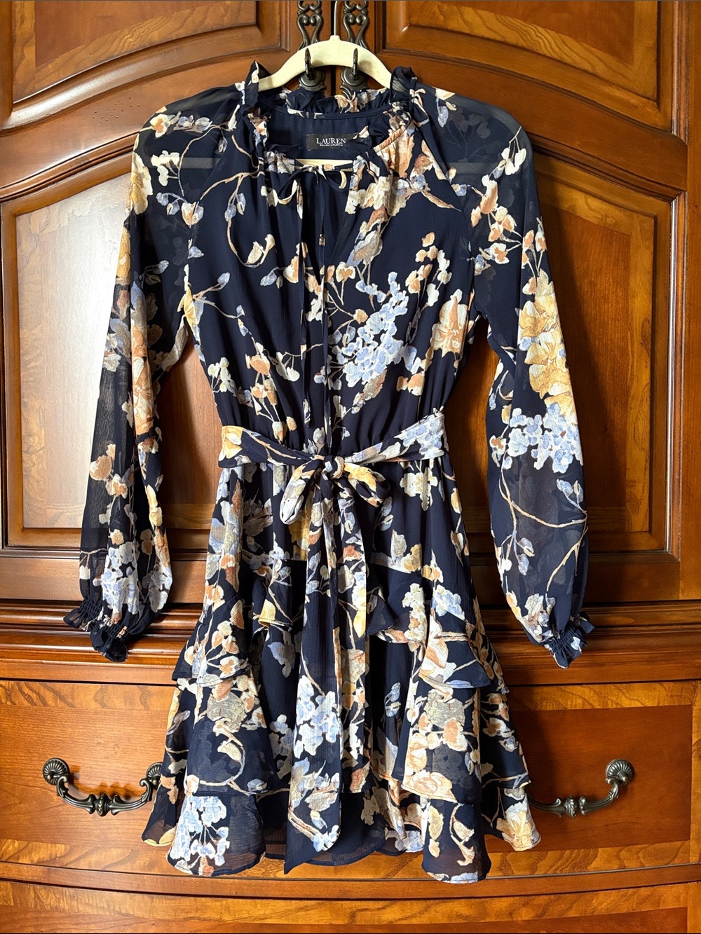 Lauren Ralph Lauren Navy Floral Tie-Waist Long Sleeve Dress, 2P